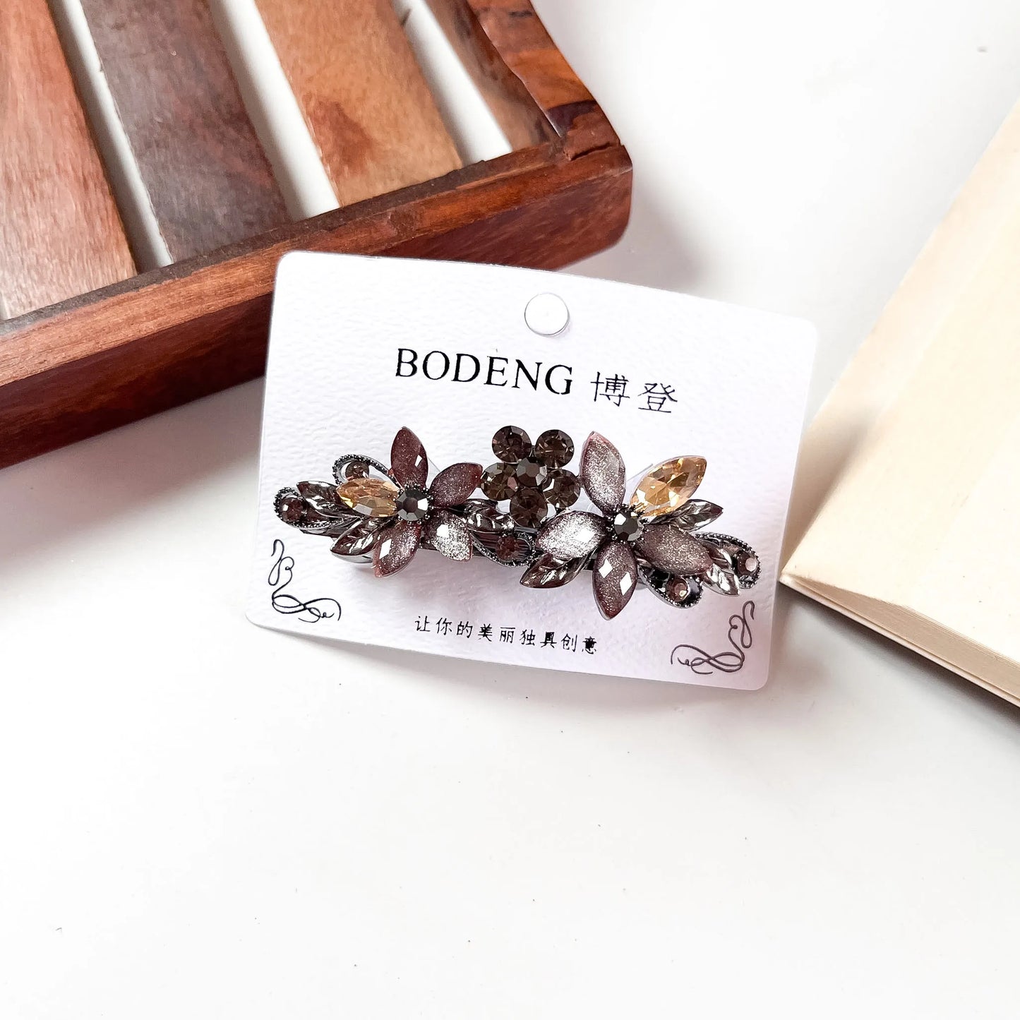Triple bloom crystal barrette mocha amber rhinestone flower hair clip