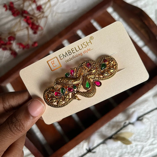 Antique Peacock Center Clip Pink-Green