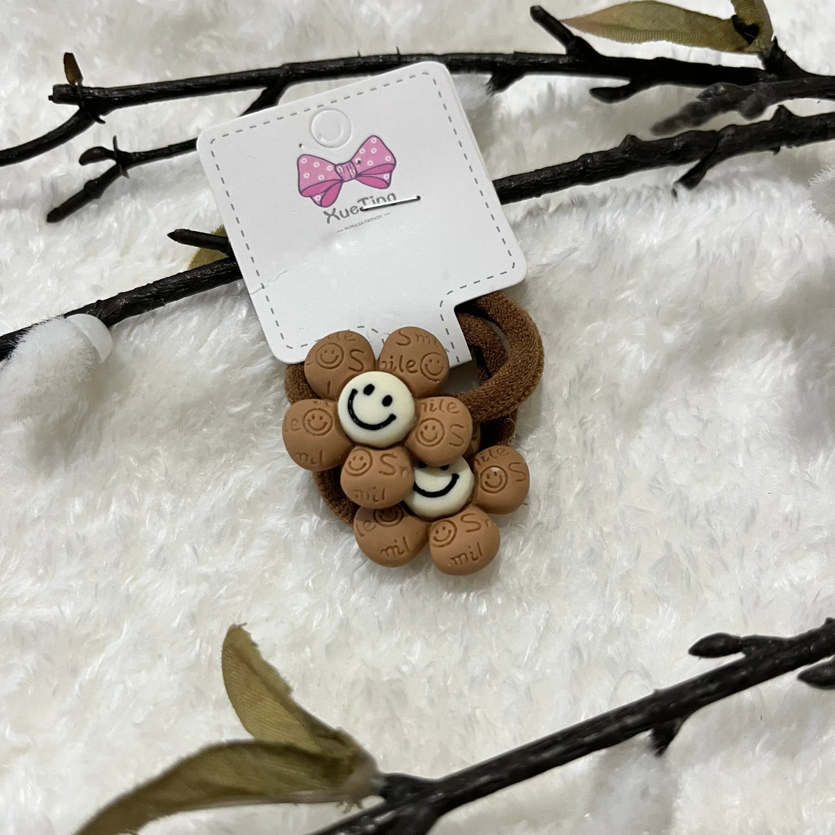 Beige Hair Ties Smiley Flower