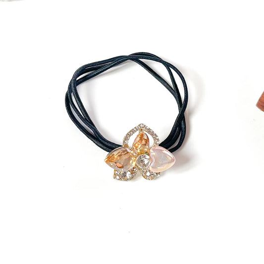 Gold fancy hair elastic with peach teardrop crystals and blush pearl heart, dressy hair tie for women