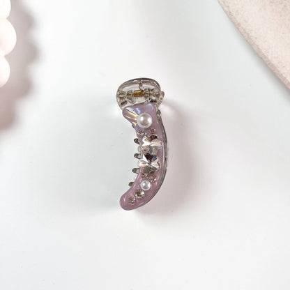 Pearl crystal banana clip mauve lilac with silver crystal flowers