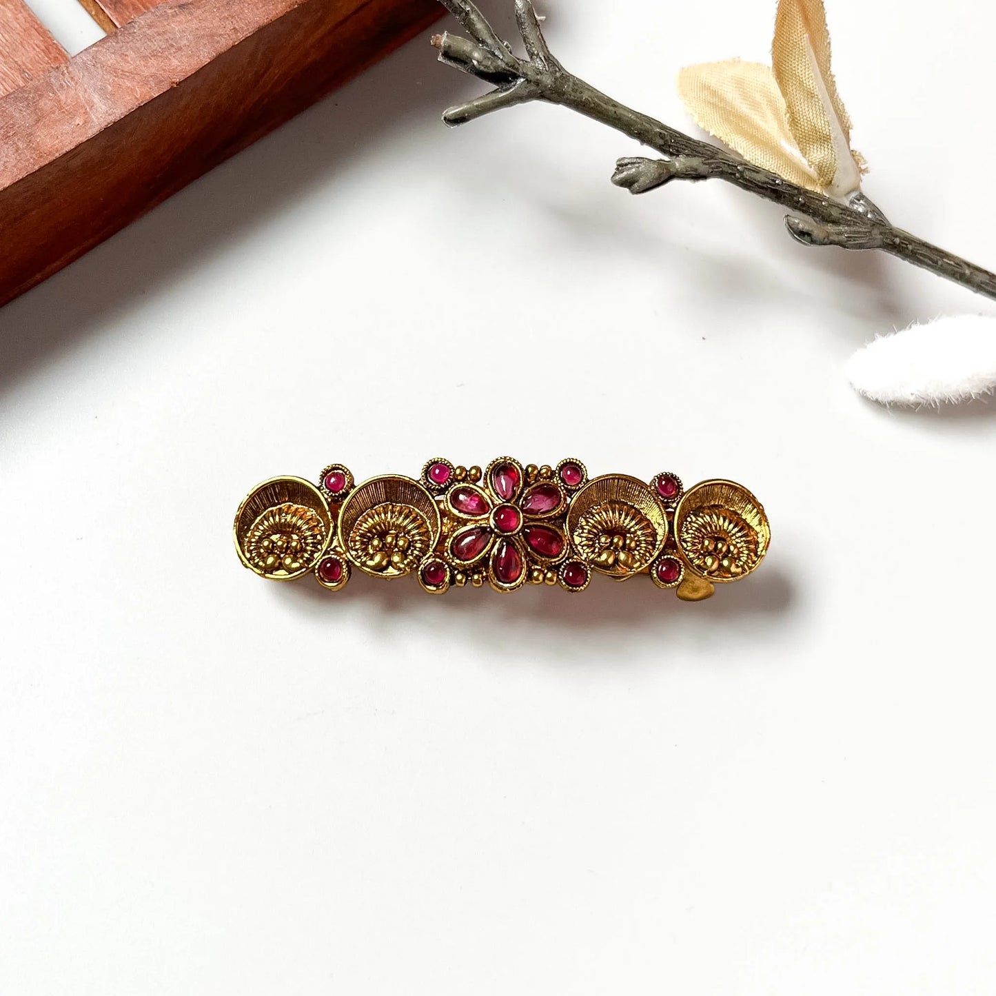 Ruby red gemstone floral medallion barrette with hand-etched medallions and ornate centre, 4cm hair clip