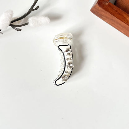 Frost white mini banana clip with black outline and clear crystals, 5cm