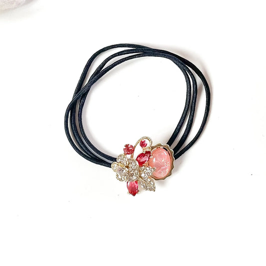 Ruby red fancy hair rubber band with crystal flower and pink opal stone, black elastic hair tie for women