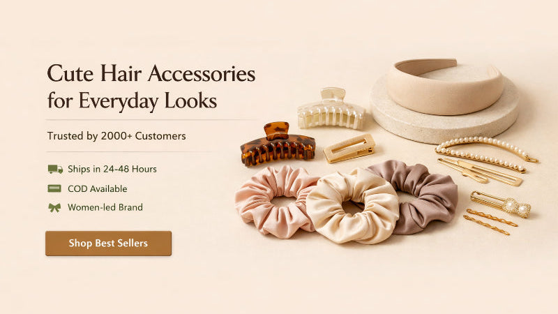 Hair accessories including scrunchies and clips on a light background with text about trust and shipping.