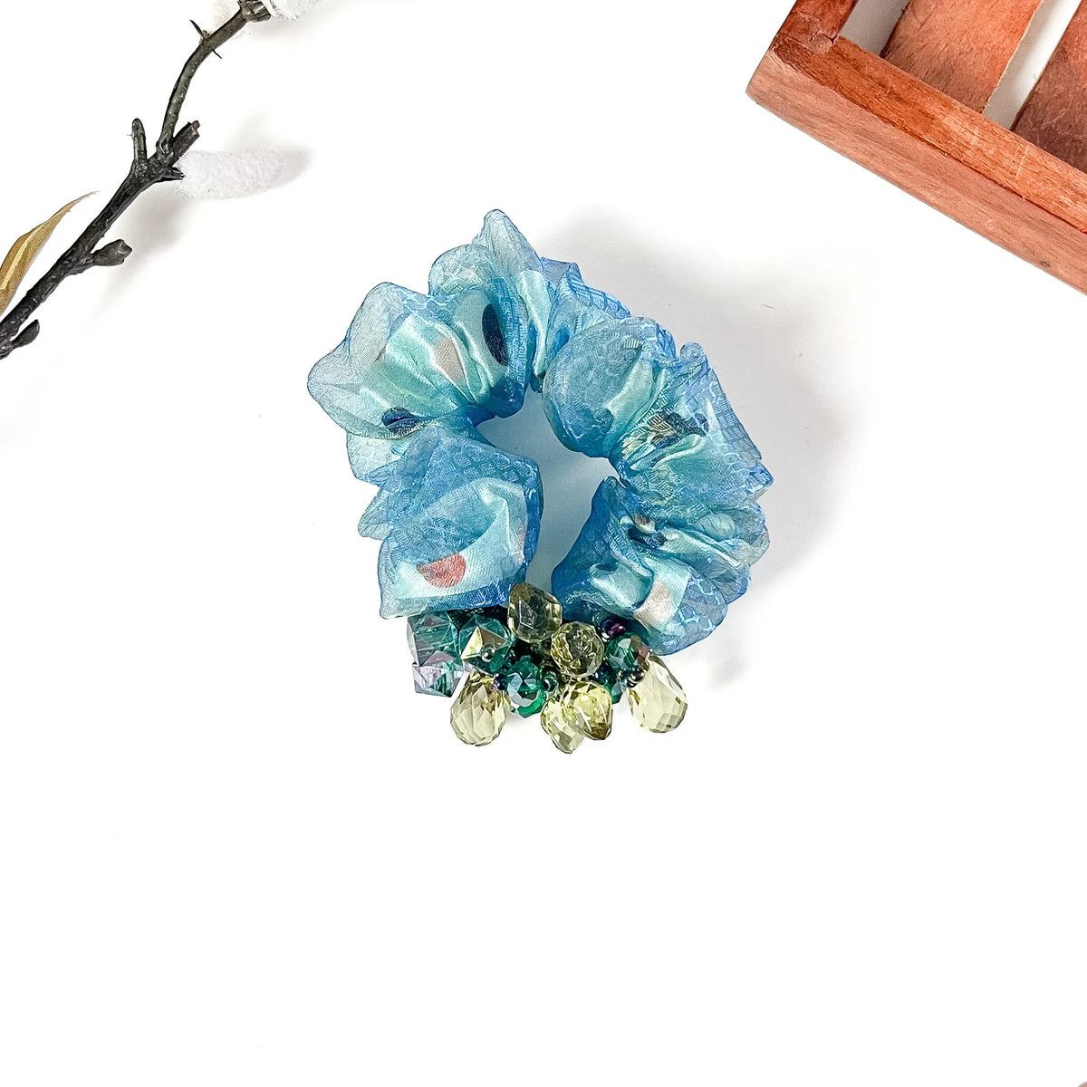 Aqua blue organza scrunchie with lime green crystal drops