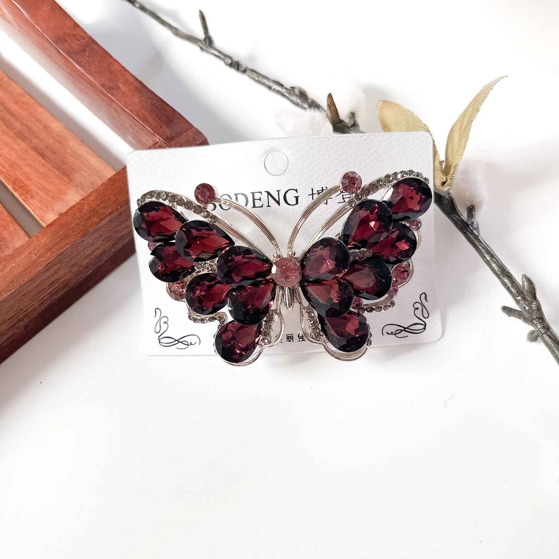 Wine maroon red large crystal butterfly barrette fancy hair clip for women
