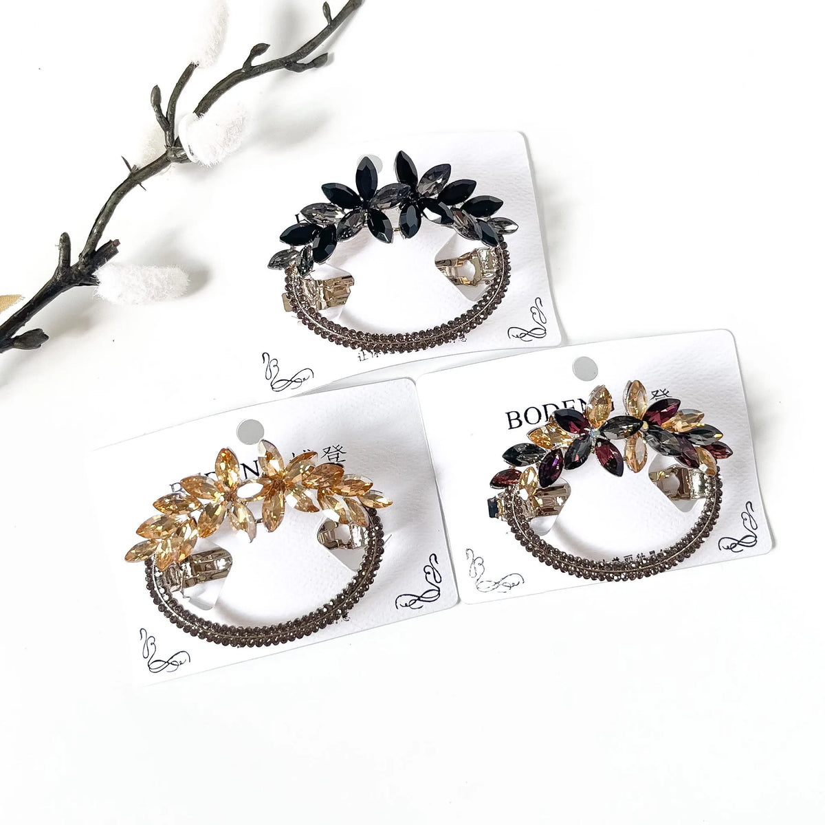 Aurelia crystal stone barrettes in champagne gold, merlot burgundy and noir black, fancy hair clips with stones for weddings