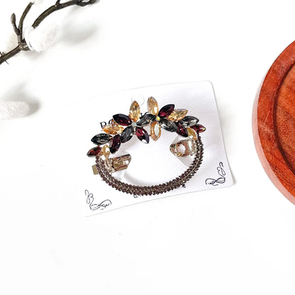 Merlot burgundy jeweled hair barrette with champagne and smoky grey crystals, a stone center clip for buns