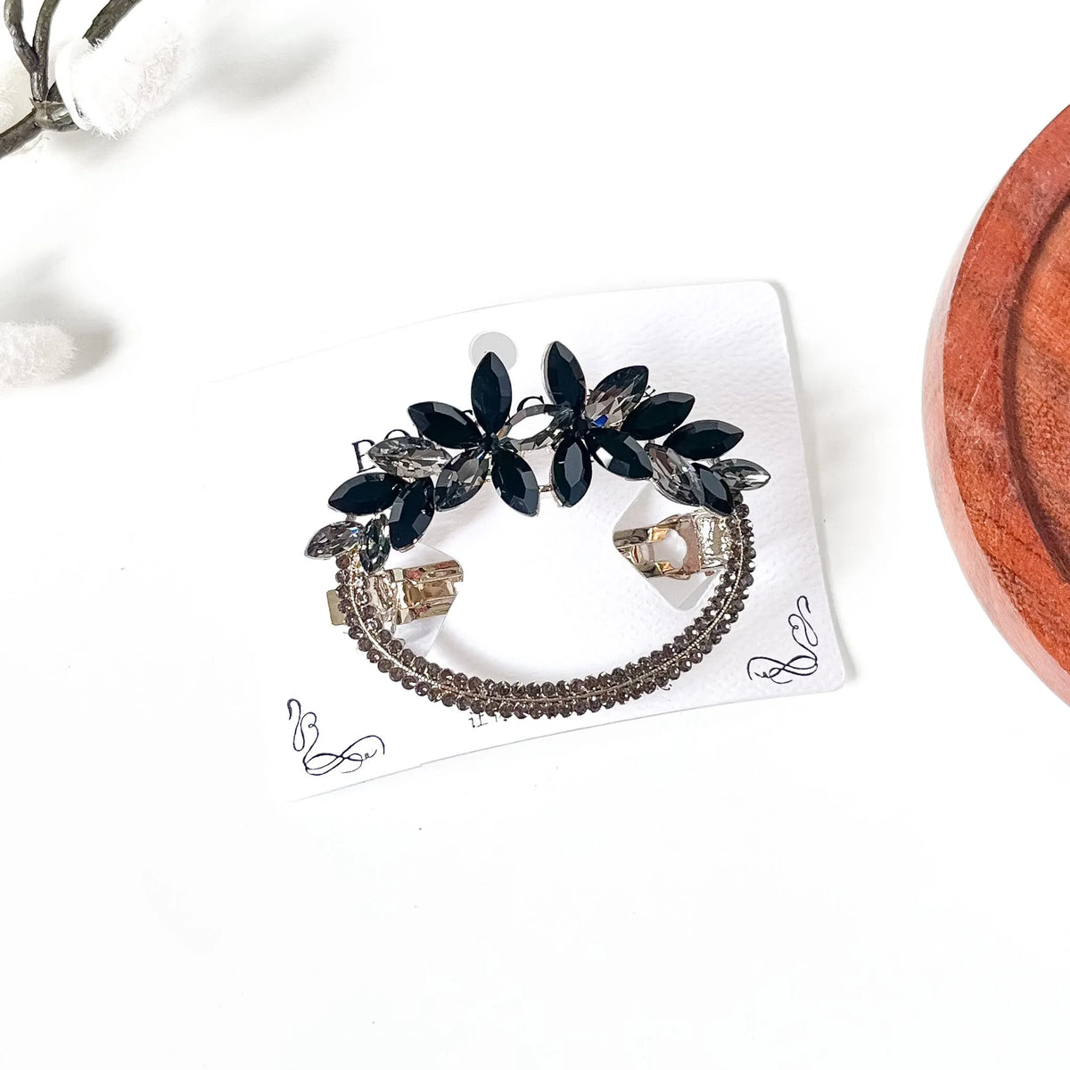Noir black rhinestone barrette with smoky grey crystal flowers, an elegant center clip for updos