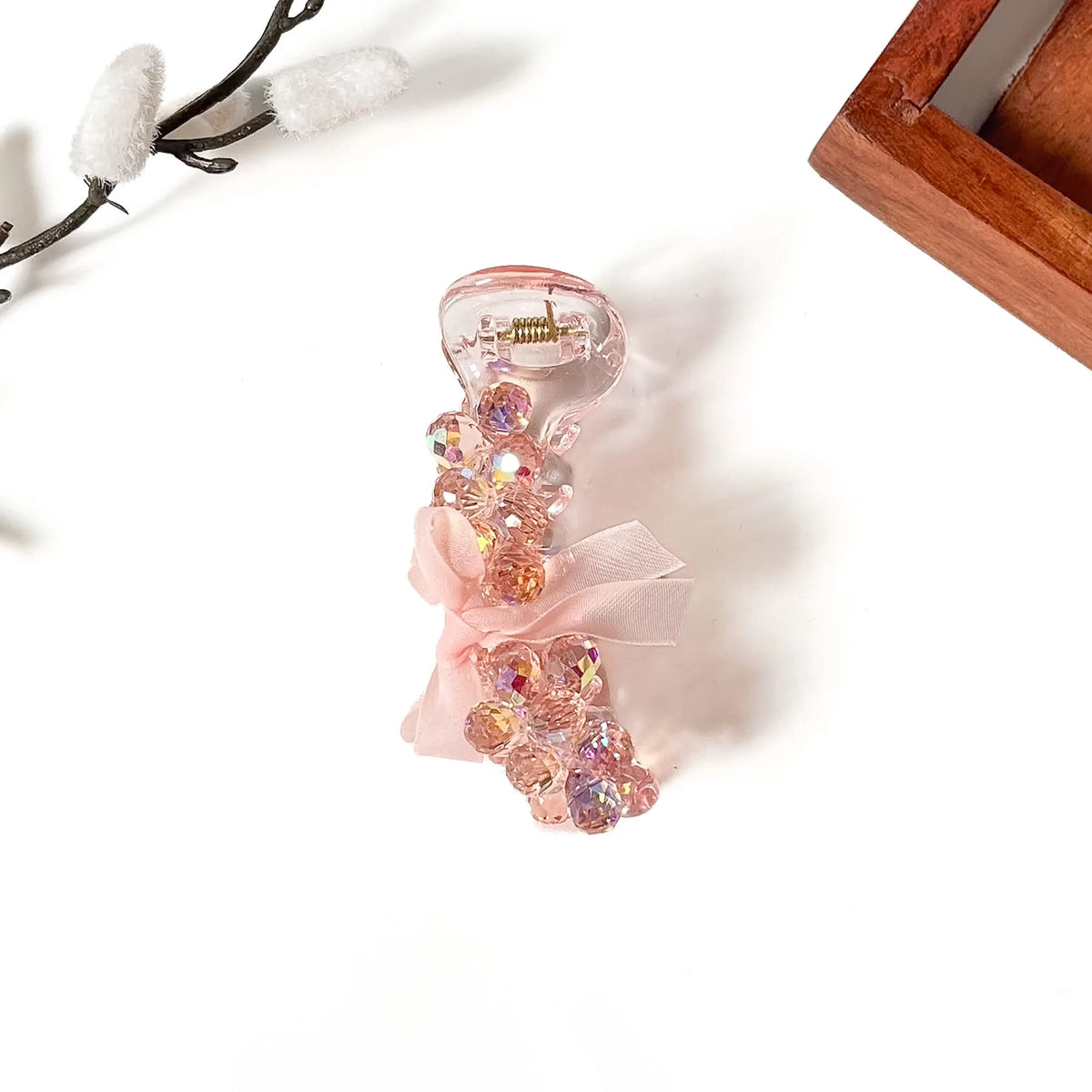 Blush pink crystal bead banana clip with pink satin bow, 8cm