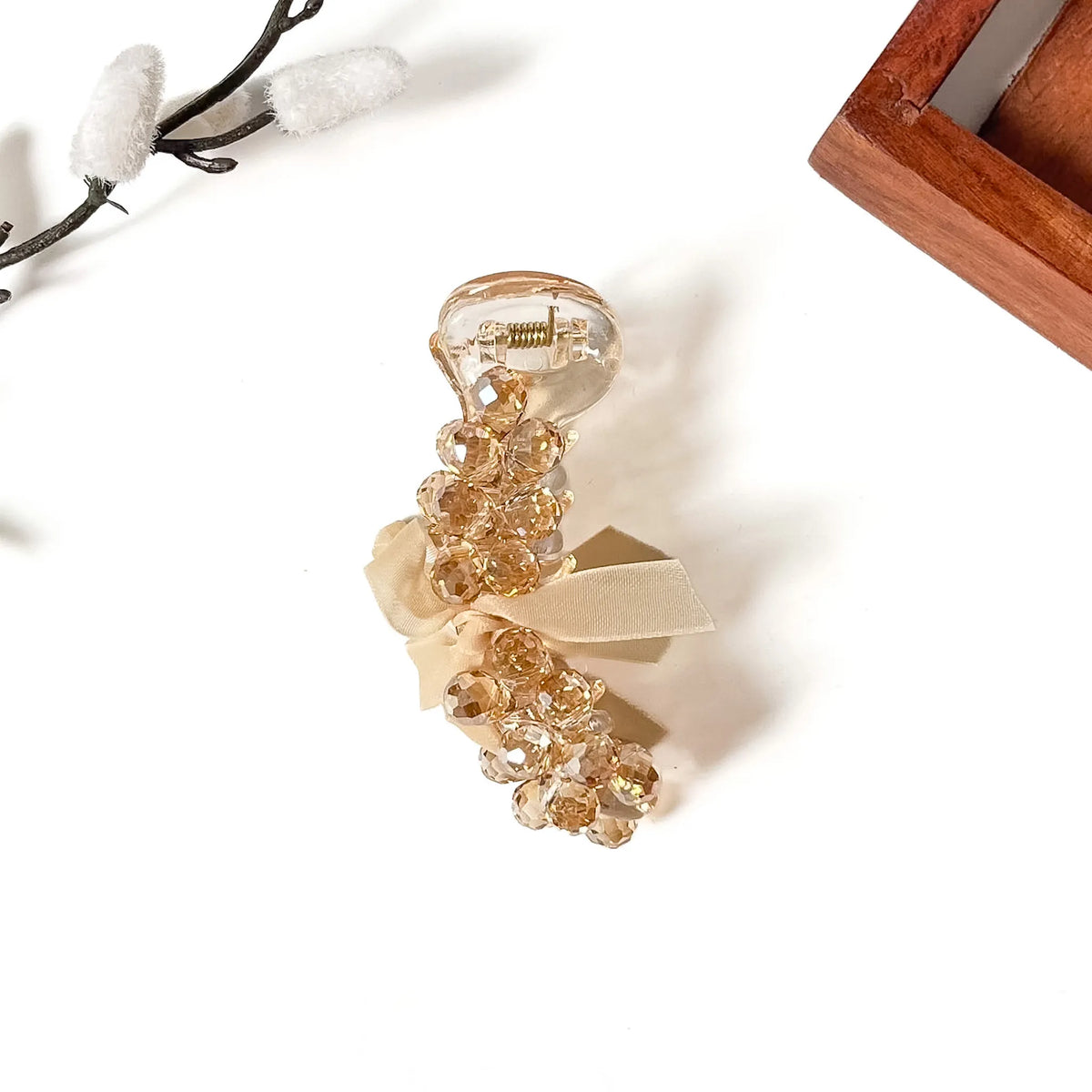 Champagne gold beaded banana clip with beige ribbon bow, 8cm