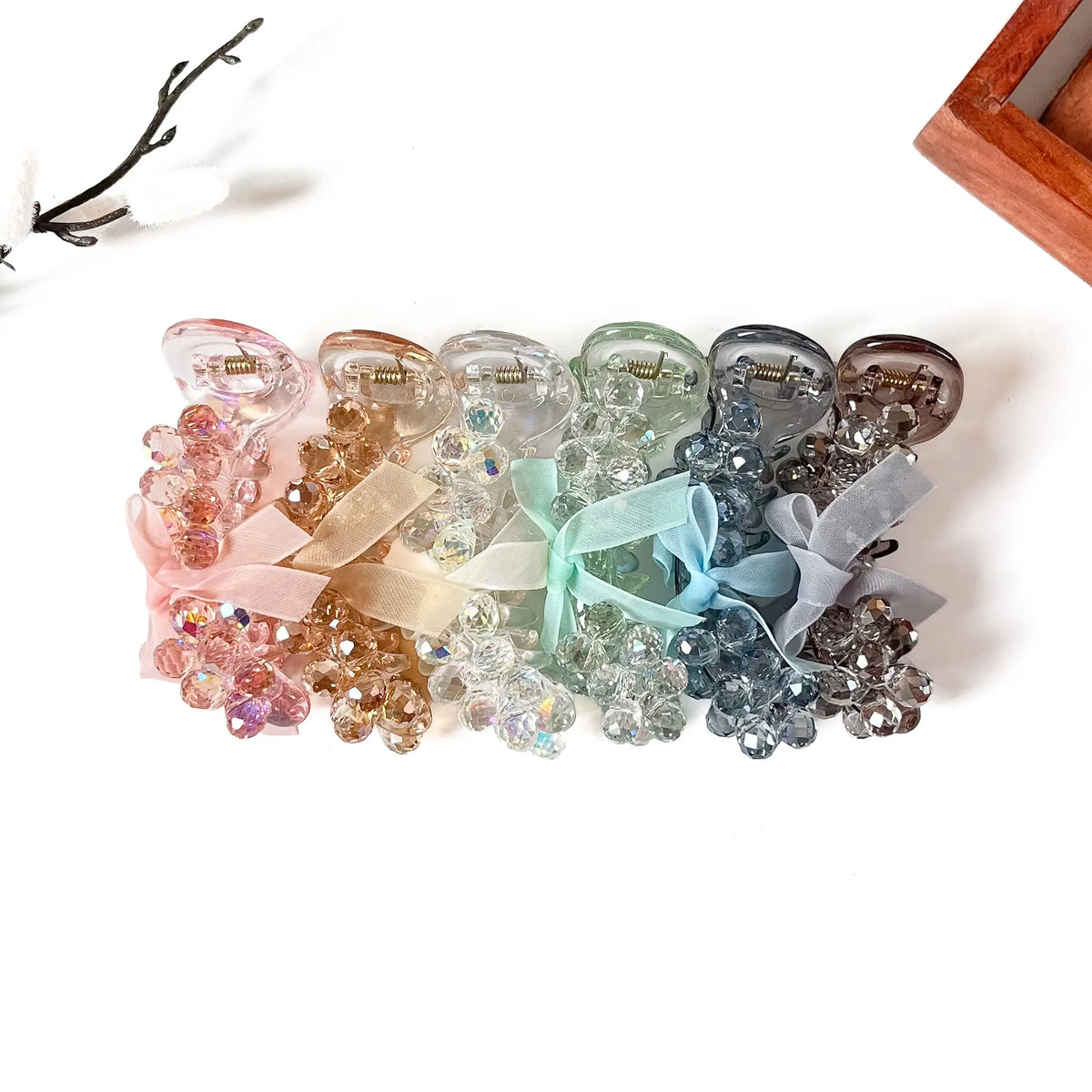 Bead Bouquet crystal banana clips with satin bows in six colours