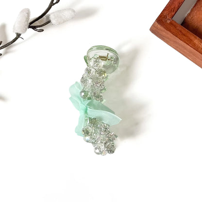 Mint green ribbon banana clip with clear crystal beads, 8cm