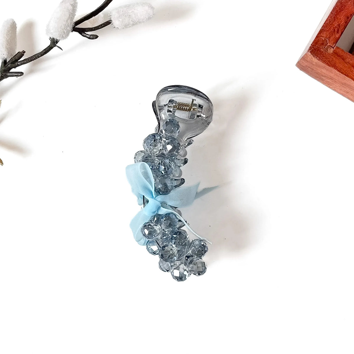 Sky blue crystal bead banana clip with light blue bow for weddings, 8cm