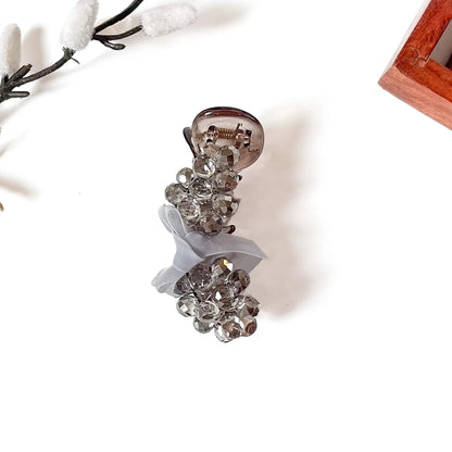 Smoke grey fancy banana clip with grey crystal beads and satin bow, 8cm