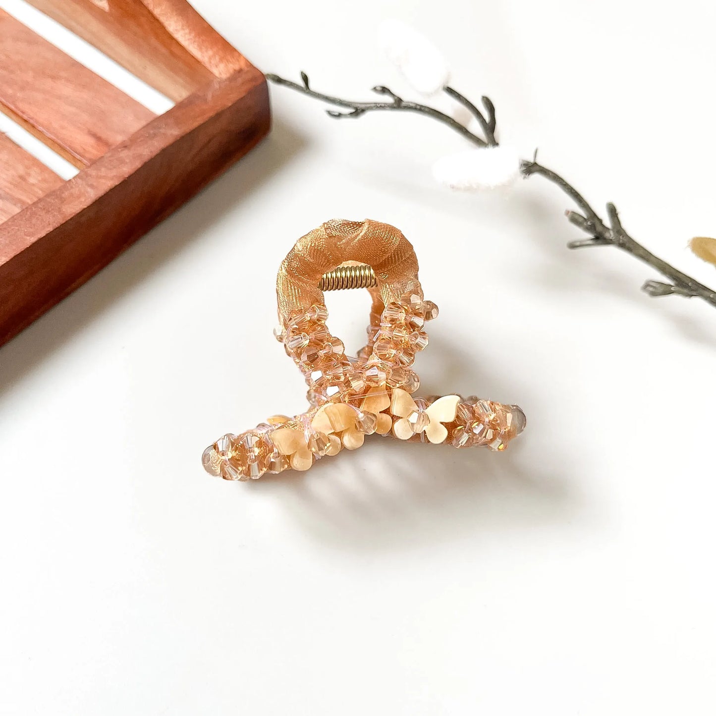 Champagne gold beaded crystal loop claw with mixed pearl spheres, medium hair clip