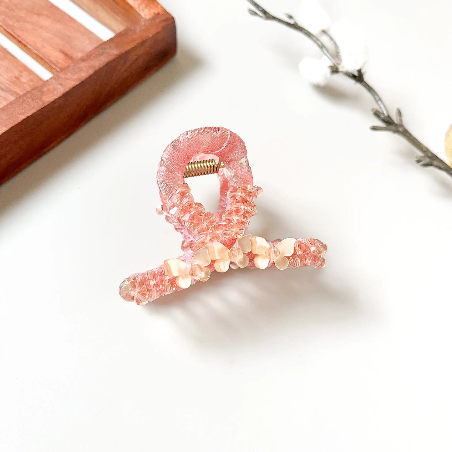 Rose pink beaded crystal loop claw with pink and white spheres, modern hair accessory