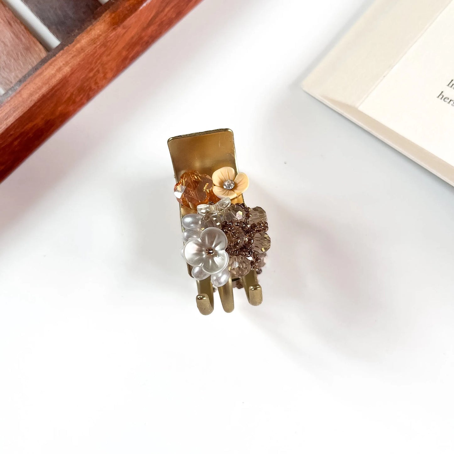 Gold amber beaded flower catch clip for hair