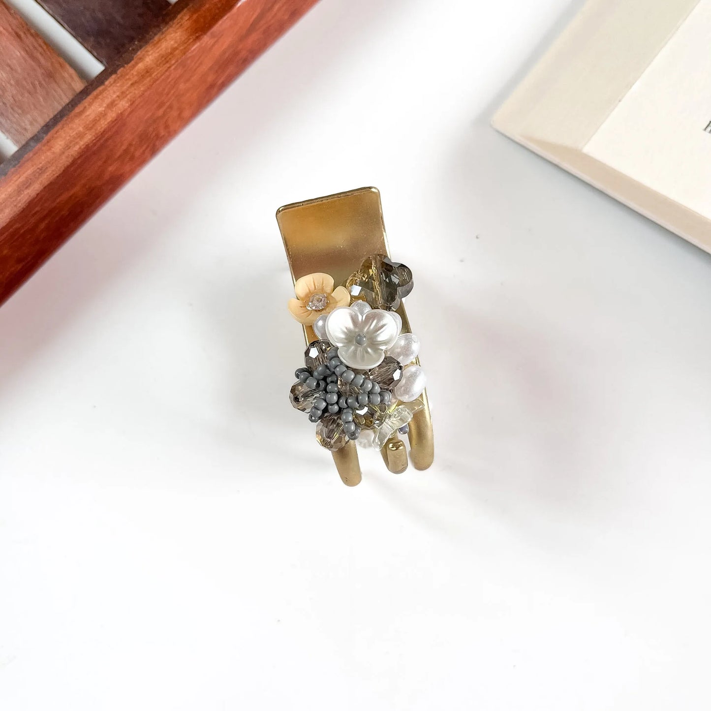 Gold grey beaded flower catch clip for hair