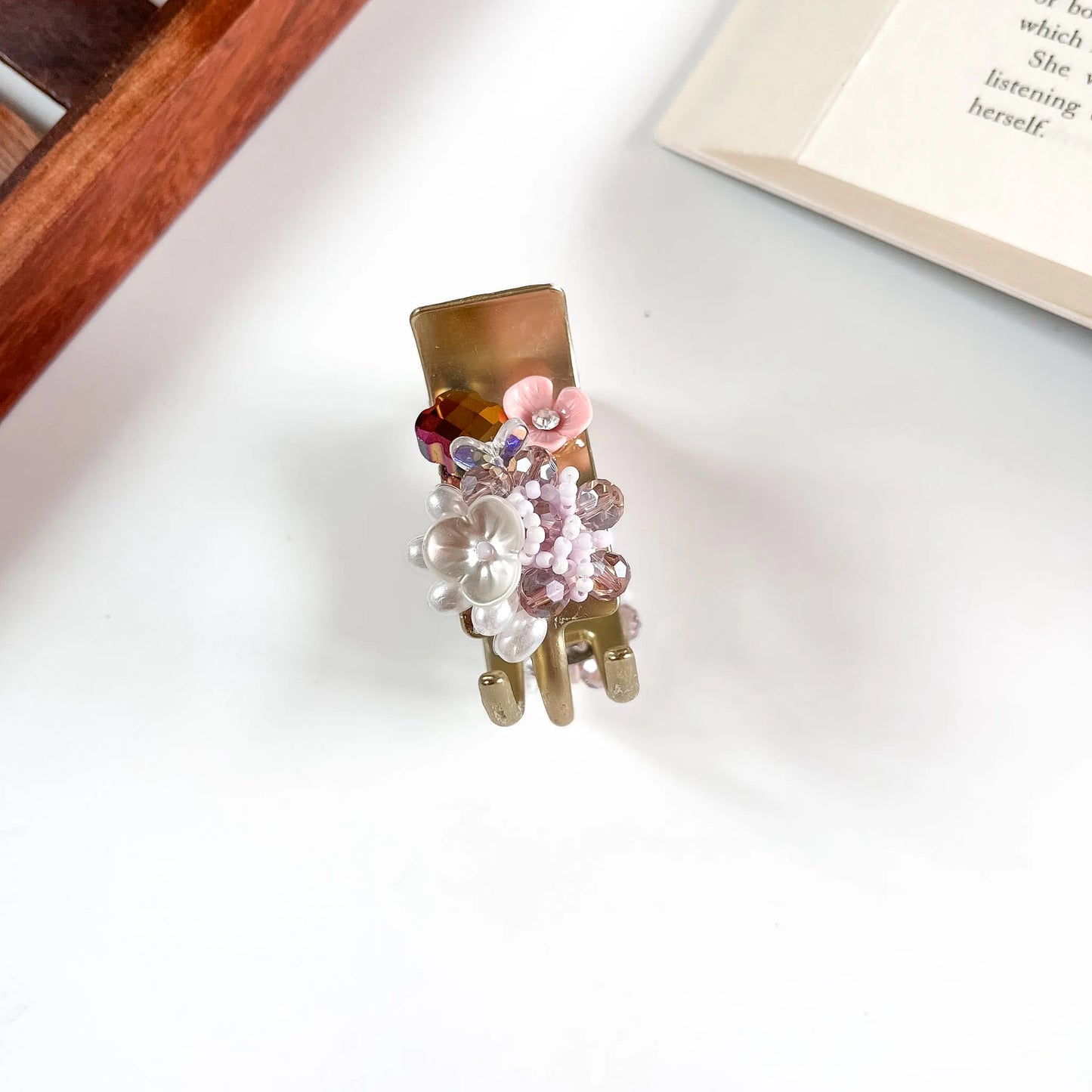 Gold pink beaded flower catch clip for women