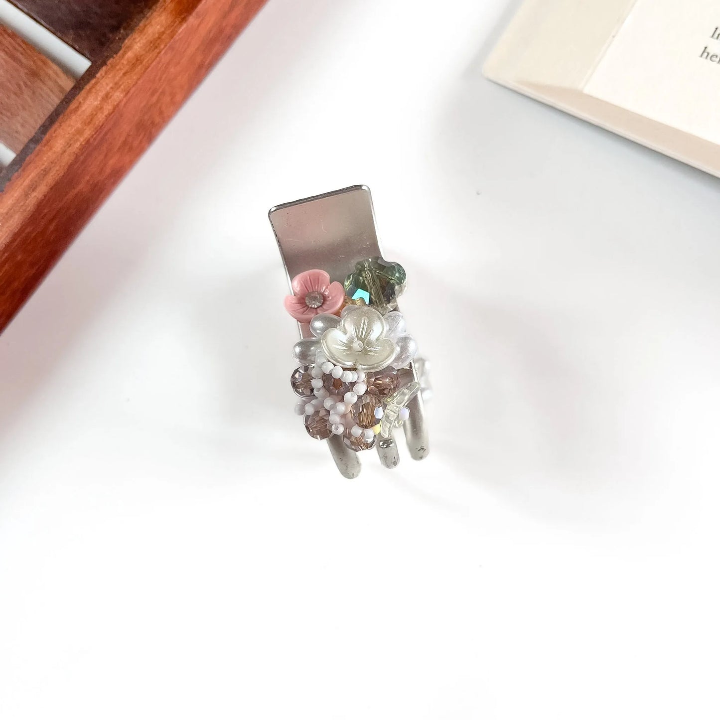 Silver sage beaded flower catch clip for hair