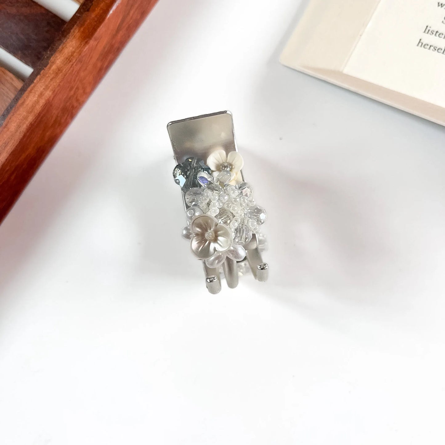 Silver white beaded flower catch clip for women