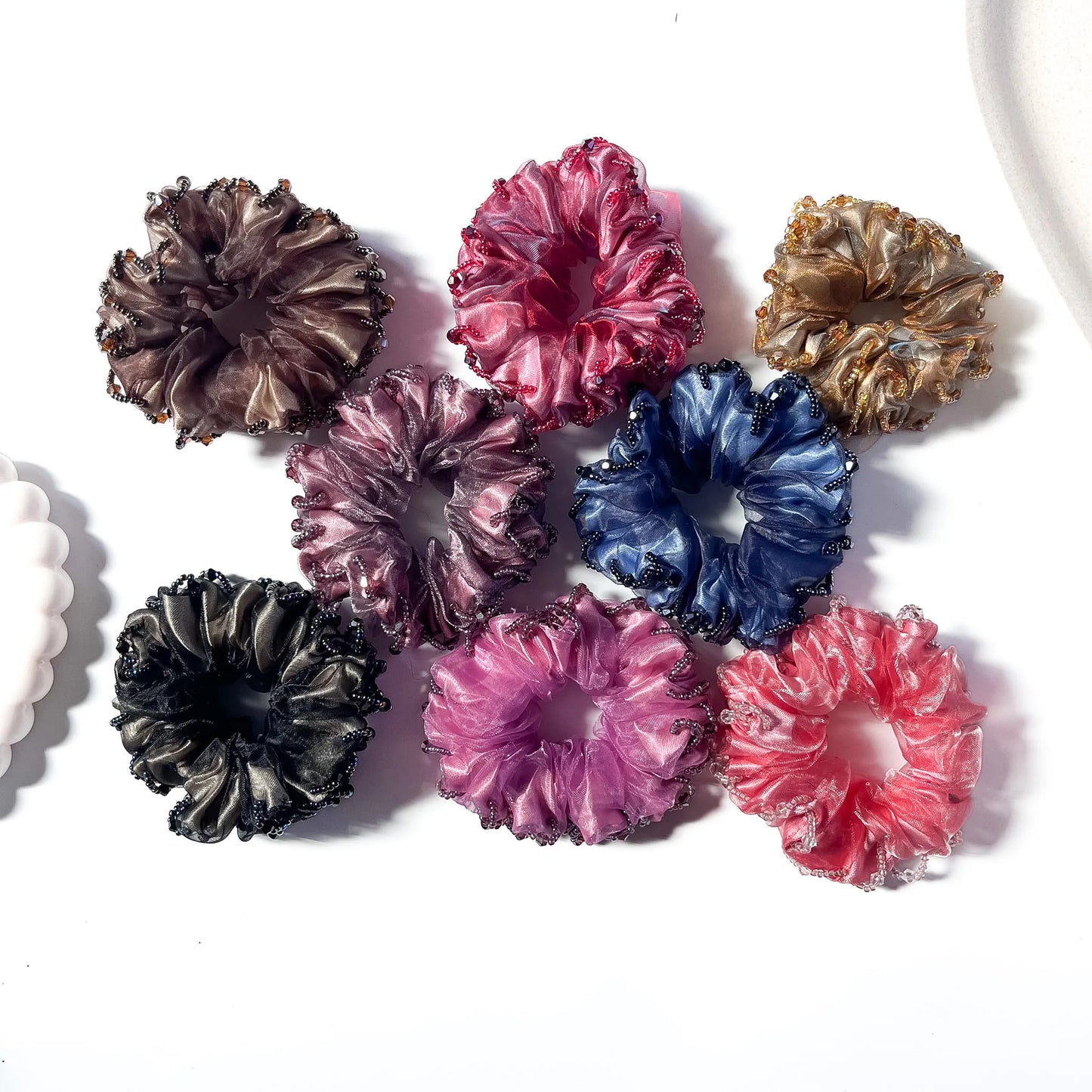 Beaded organza scrunchie in 8 colors jewel tones fancy hair scrunchie