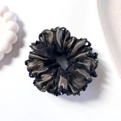 Beaded organza scrunchie black with iridescent bead trim