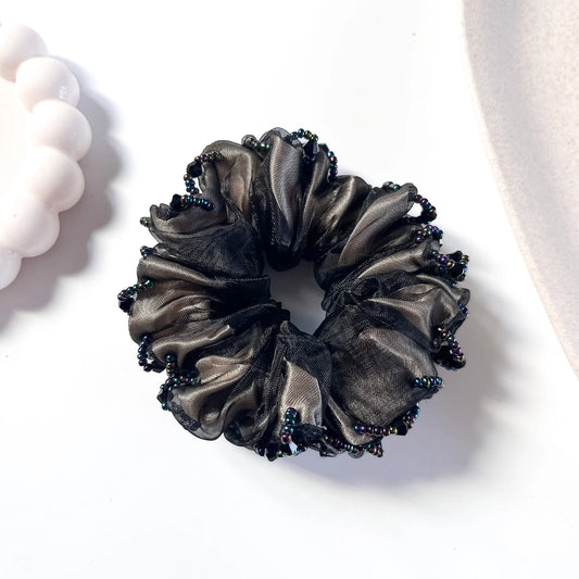 Beaded organza scrunchie black with iridescent bead trim