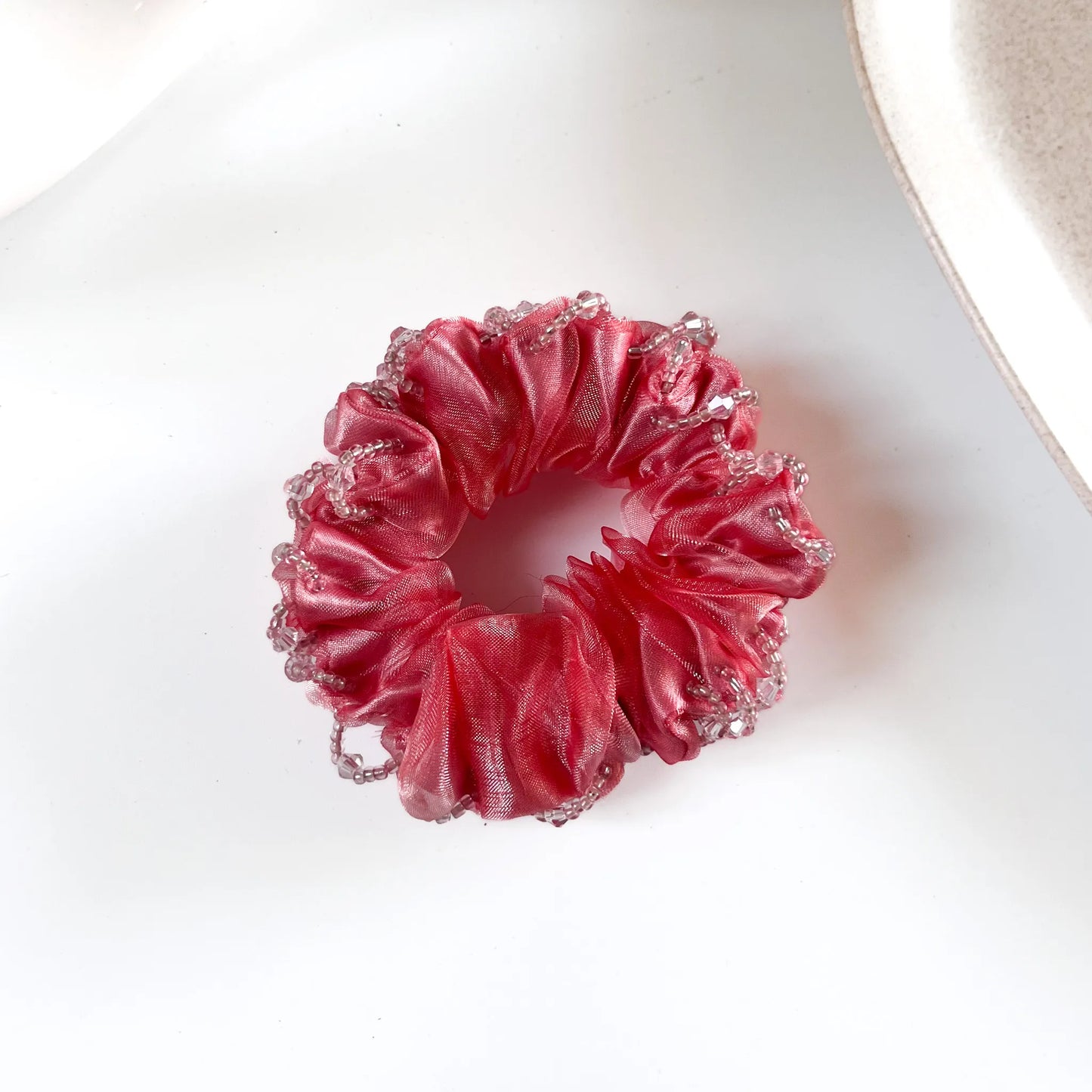 Beaded organza scrunchie coral pink with silver crystal trim