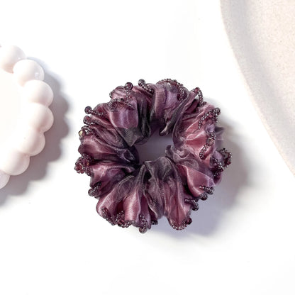 Beaded organza scrunchie mauve purple with bead embellishment