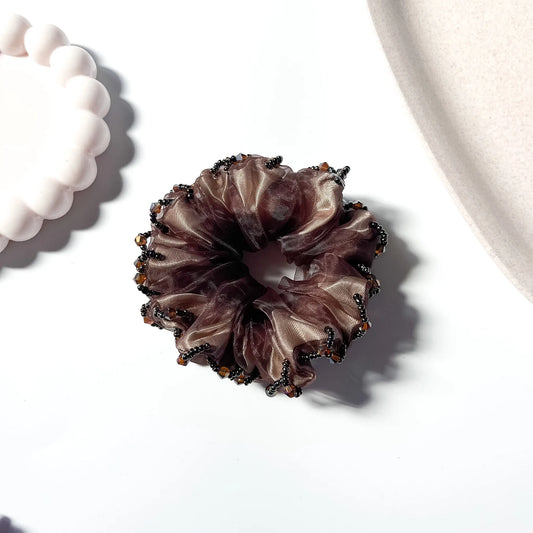 Beaded organza scrunchie mocha brown with crystal trim