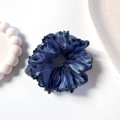 Beaded organza scrunchie navy blue with crystal beads