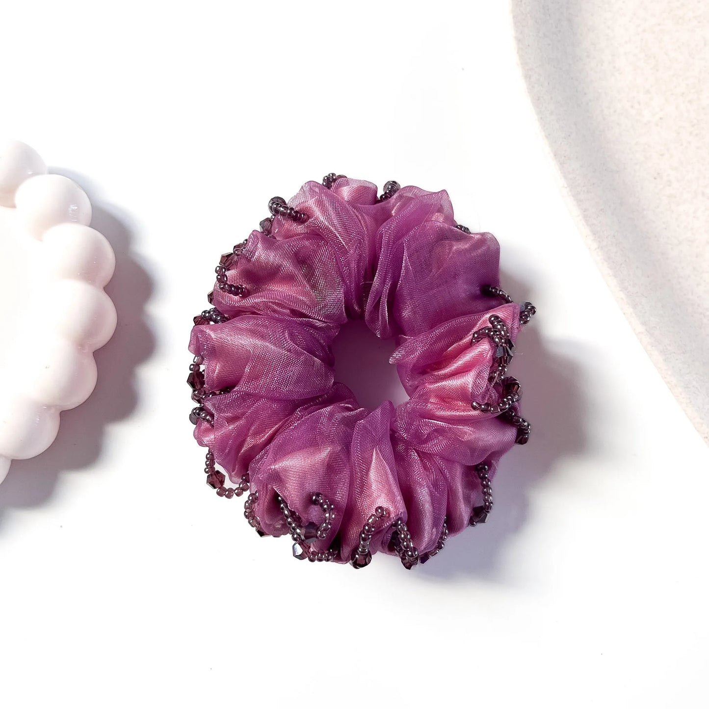 Beaded organza scrunchie purple with crystal trim