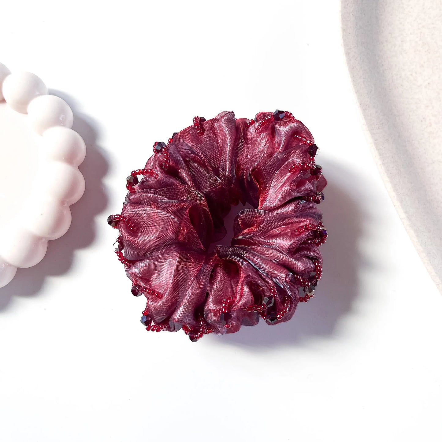 Beaded organza scrunchie wine burgundy with red crystal beads