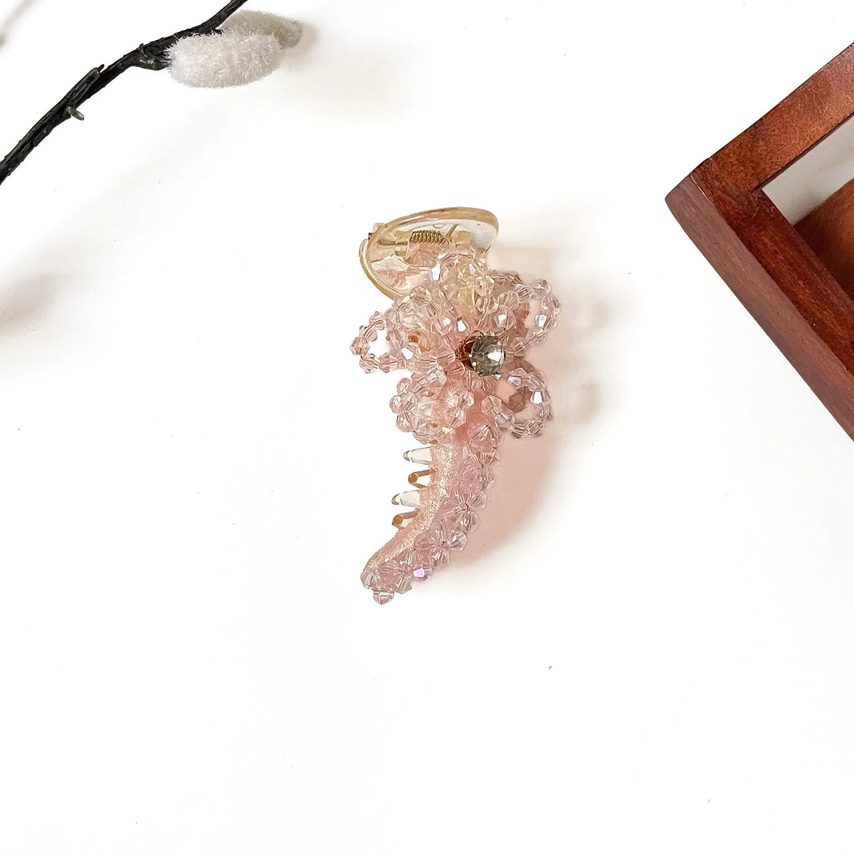 Bijou Bow Banana Clip in blush pink, 8cm Korean banana clip with crystal bead bow