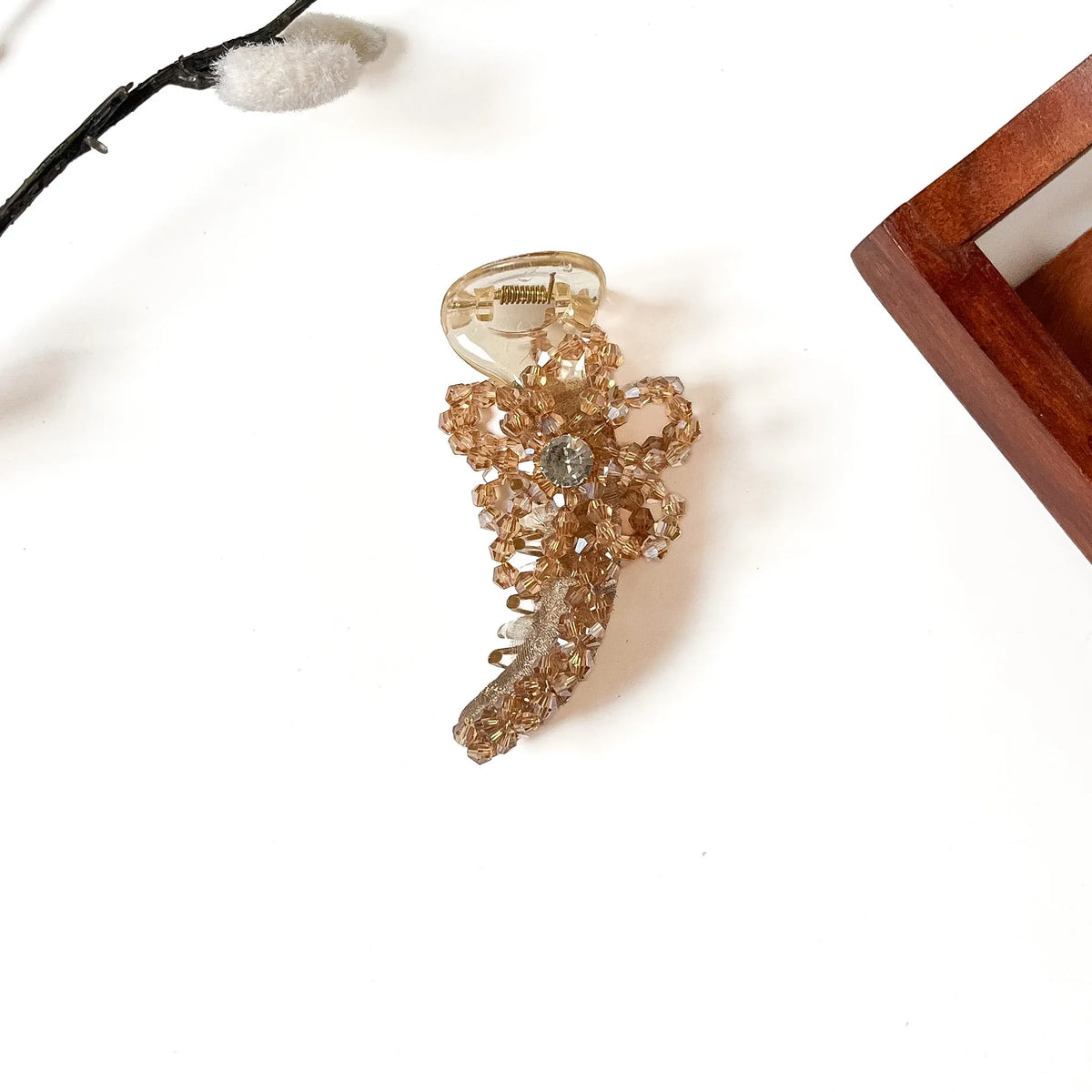 Bijou Bow Banana Clip in champagne amber, 8cm banana clip with crystal stones