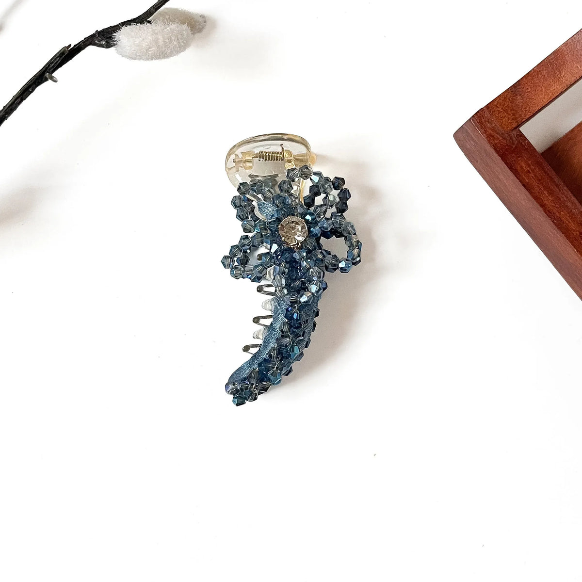 Bijou Bow Banana Clip in denim blue, 8cm beaded Korean banana clip
