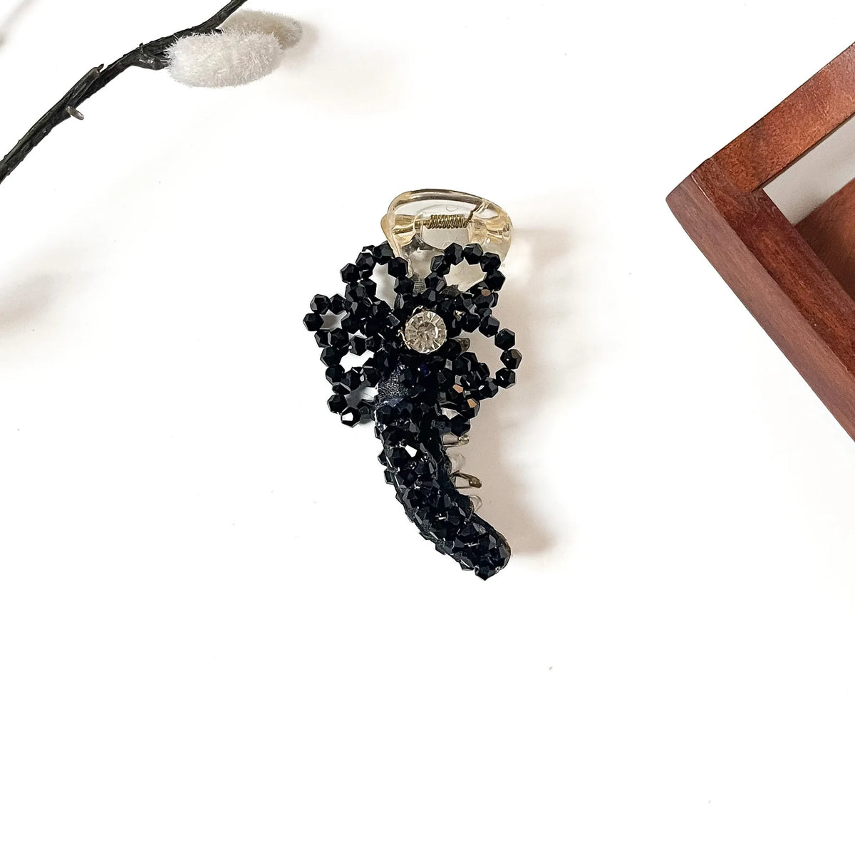 Bijou Bow Banana Clip in jet black, 8cm banana clip with black crystal bow and rhinestone