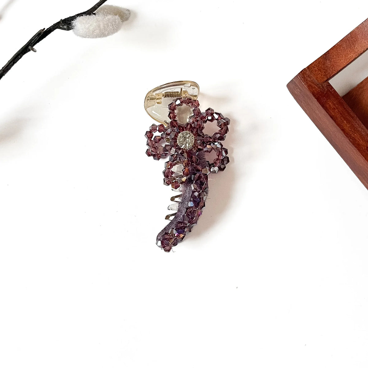 Bijou Bow Banana Clip in plum purple, 8cm crystal bow banana clip with rhinestone centre