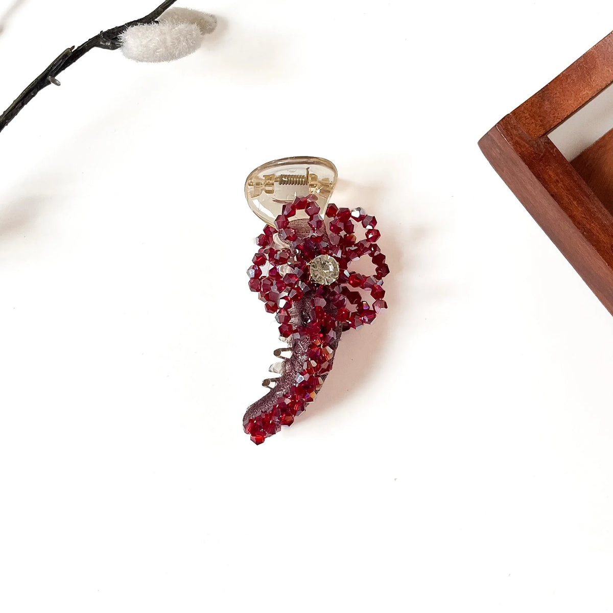 Bijou Bow Banana Clip in ruby red, 8cm beaded crystal bow banana clip with rhinestone