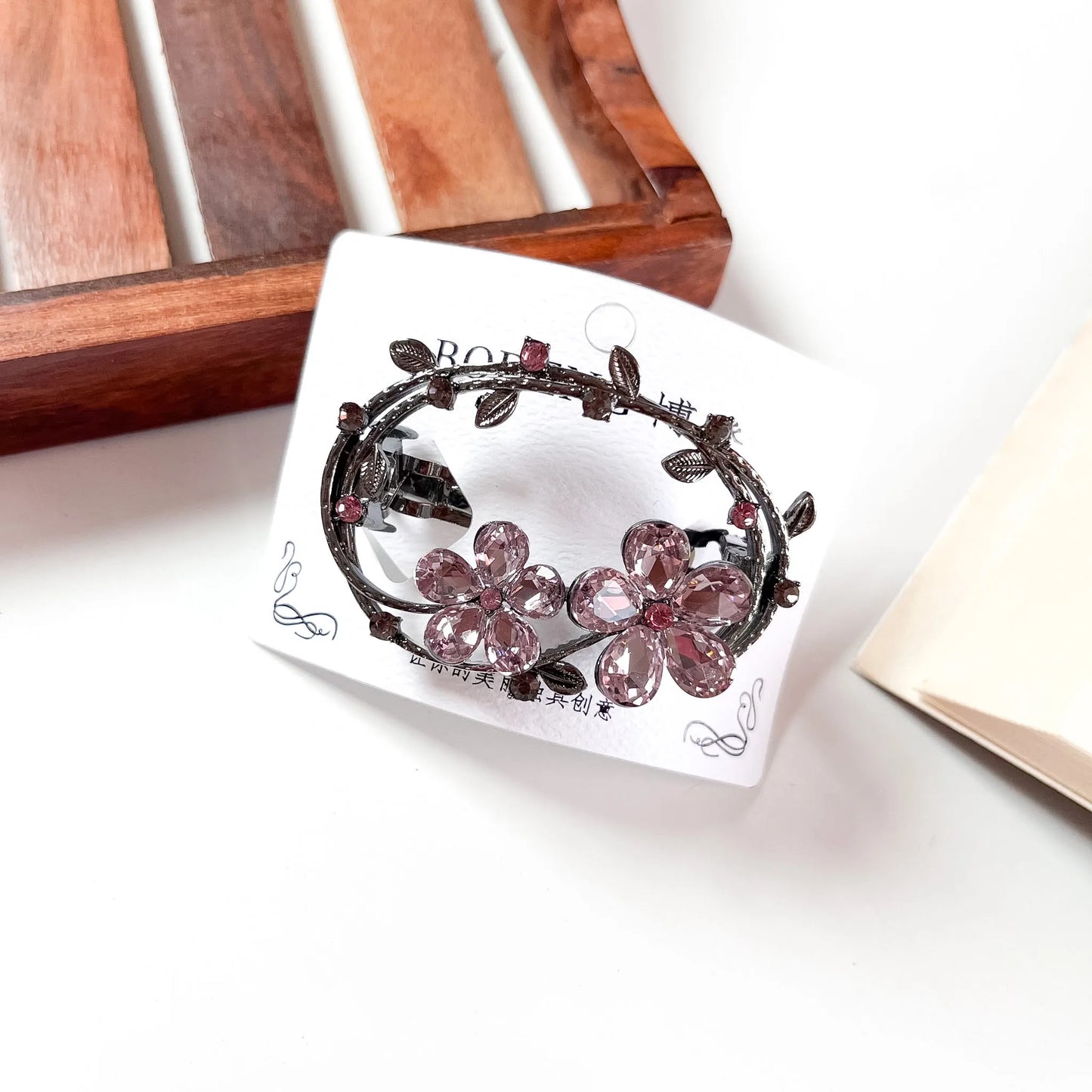 Bloom wreath crystal barrette mauve pink flower rhinestone