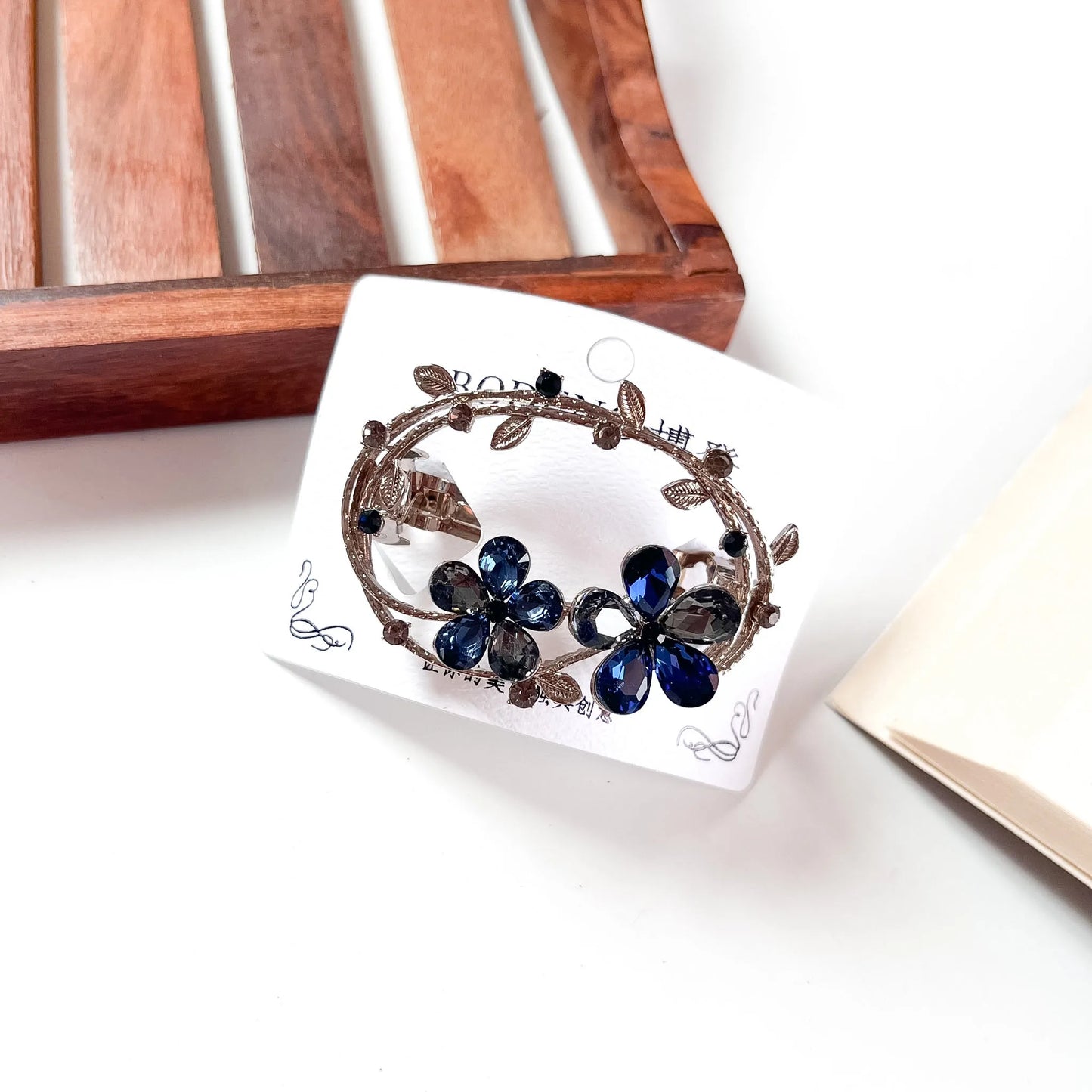 Bloom wreath crystal barrette navy blue flower rhinestone
