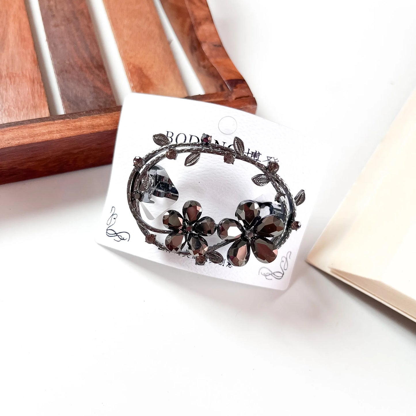 Bloom wreath crystal barrette smoke black rhinestone hair clip