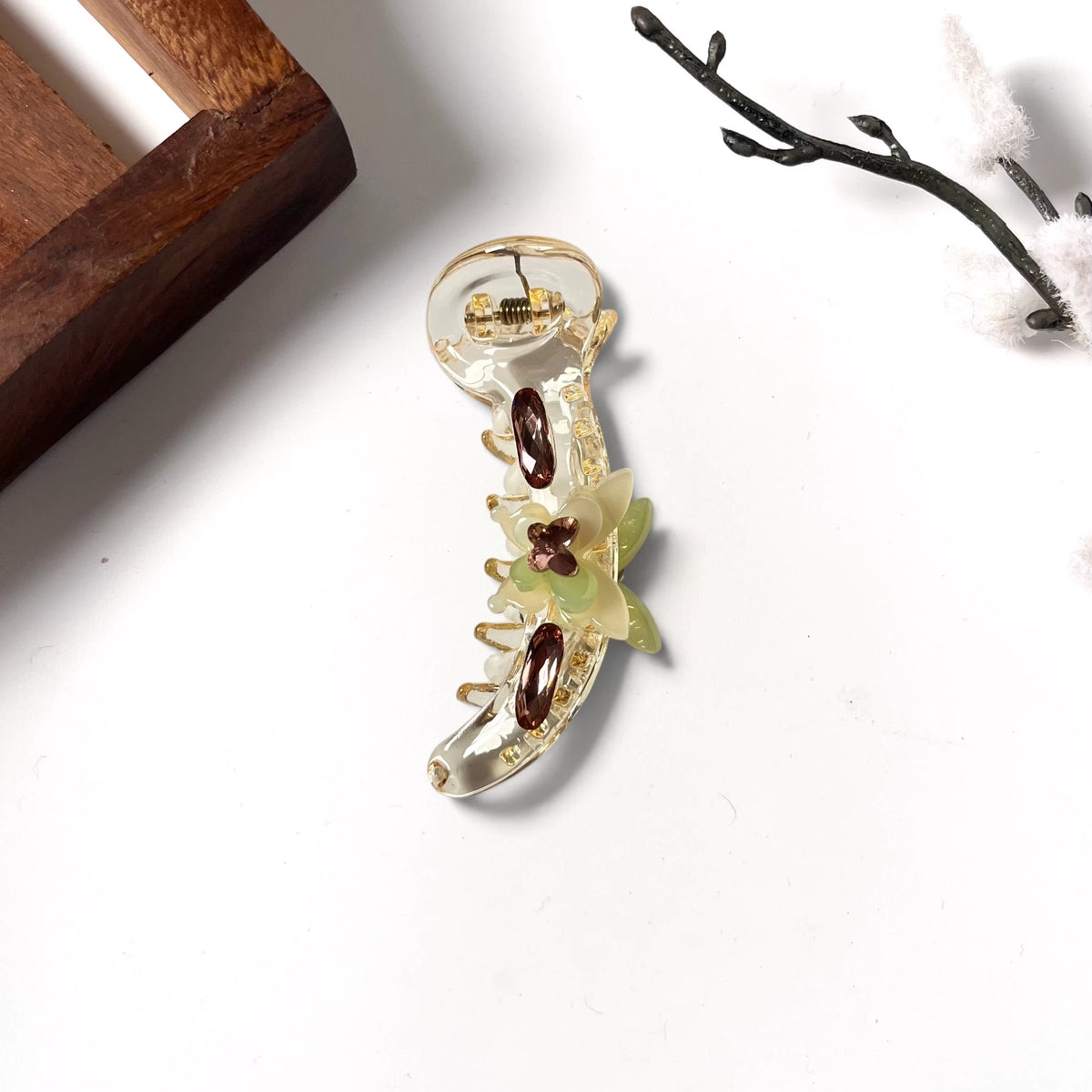 Sage green mint champagne claw clip with brown burgundy flower and sage leaf, 3.5cm botanical