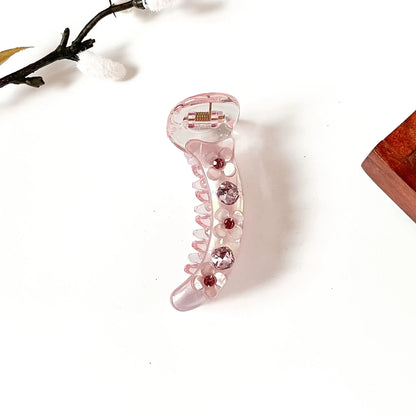 Blush pink banana clip with pink crystal stones and flowers, 8 cm fancy banana hair clip for medium hair