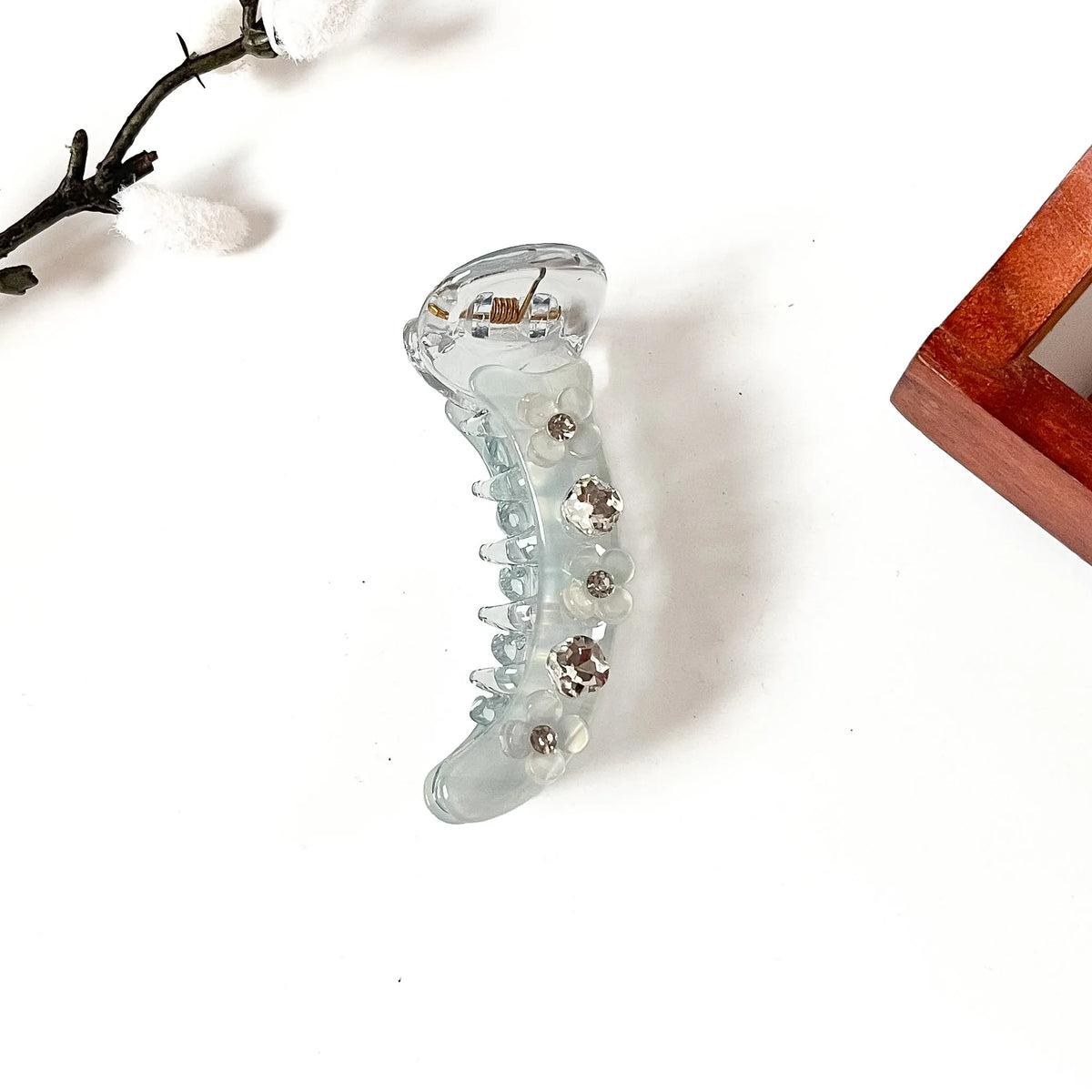 Frost blue translucent banana clip with crystal stones, 8 cm decorative banana clip for women