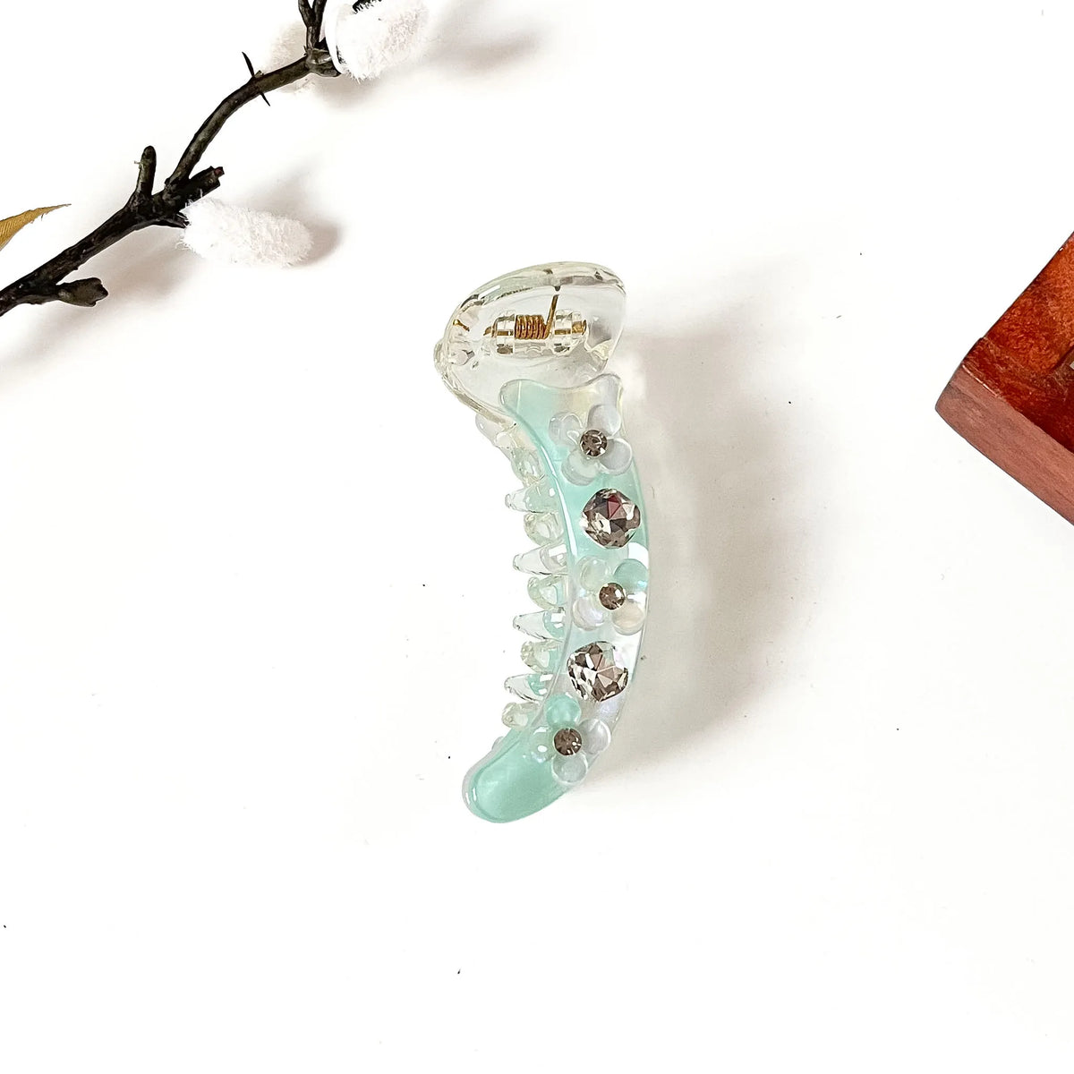 Mint green banana clip with rhinestone flowers and crystal stones, 8 cm banana clutcher for medium hair