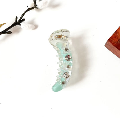 Mint green banana clip with rhinestone flowers and crystal stones, 8 cm banana clutcher for medium hair